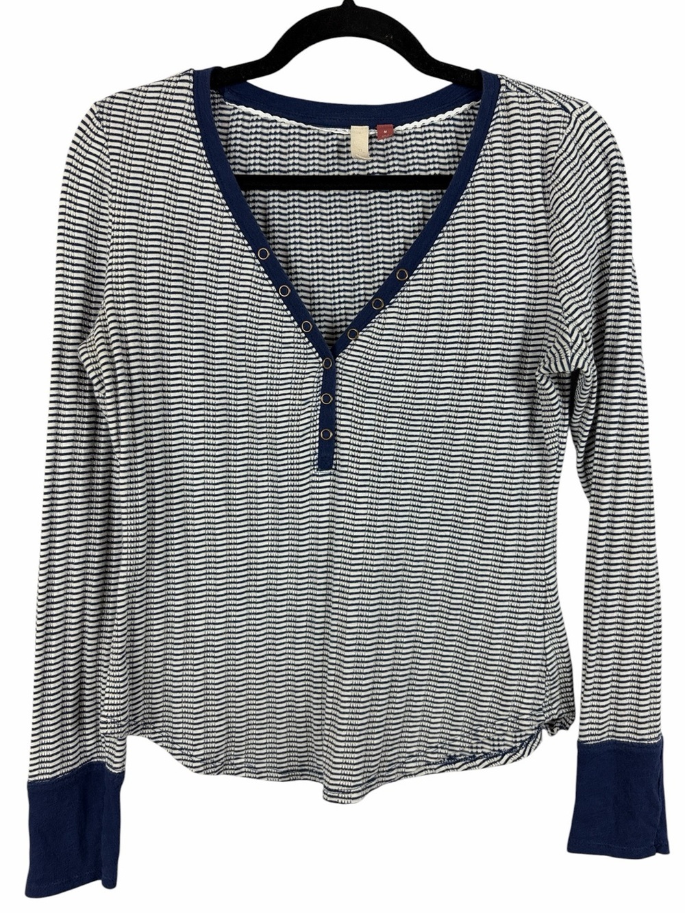 Pilcro Navy & White Striped Henley Long Sleeve Knit Top Size Medium Anthro